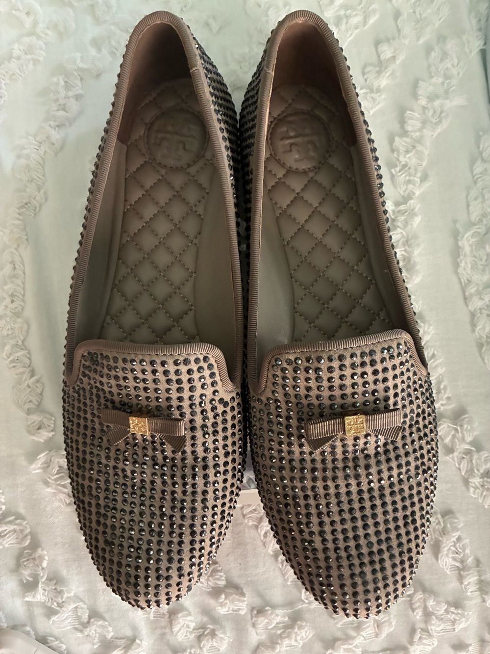 Tory Burch Brown Rhinestone Bow Loafers